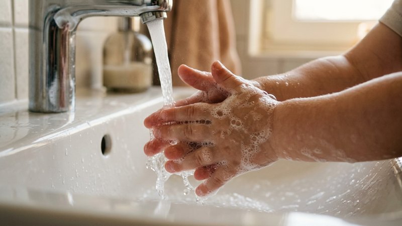 Un primer plano de las manos de un niño pequeño bajo el chorro de agua con jabón formando espuma sobre un lavabo de baño