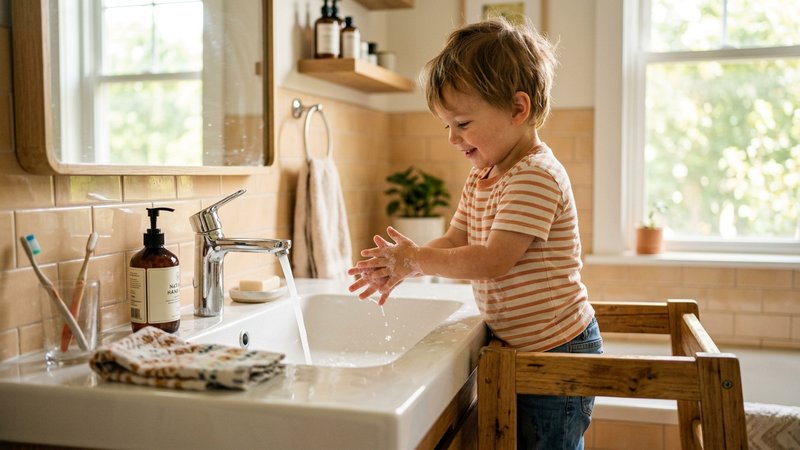 Un niño lavándose las manos justo antes de sentarse a comer en la mesa de la cocina familiar, ambiente luminoso