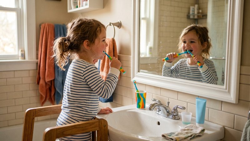 Un niño preescolar cepillándose los dientes frente al espejo del baño por la mañana, con un cepillo de colores