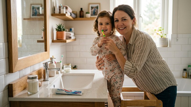 Una madre agachada ayudando con suavidad a su hijo pequeño a terminar de cepillarse los dientes por la noche en el baño