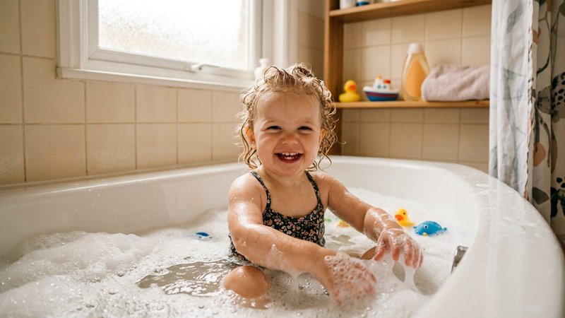 Un niño pequeño feliz dentro de la bañera con agua templada y espuma, sonriendo mientras se baña en casa