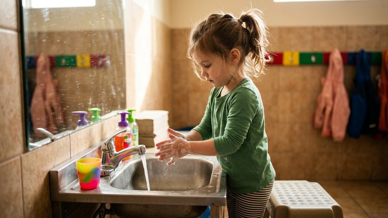 Un niño preescolar lavándose las manos completamente solo y con seguridad frente al lavabo, sin ayuda de un adulto cerca