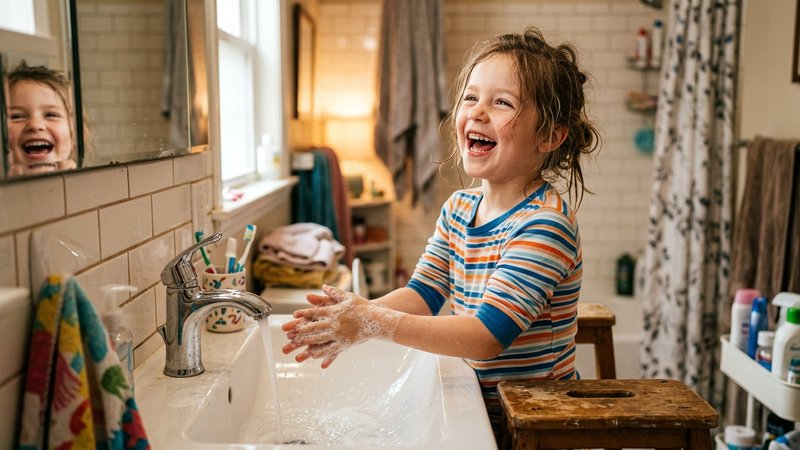 Un niño cantando alegre mientras se lava las manos con jabón, gesto divertido y espontáneo en el baño de casa