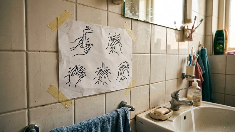 Un cartel casero con dibujos sencillos de los pasos del lavado de manos pegado en el azulejo del baño familiar
