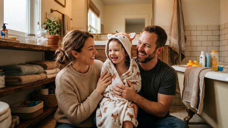 Una familia sonriente en el baño de casa, el niño recién aseado y feliz entre sus padres, ambiente cálido