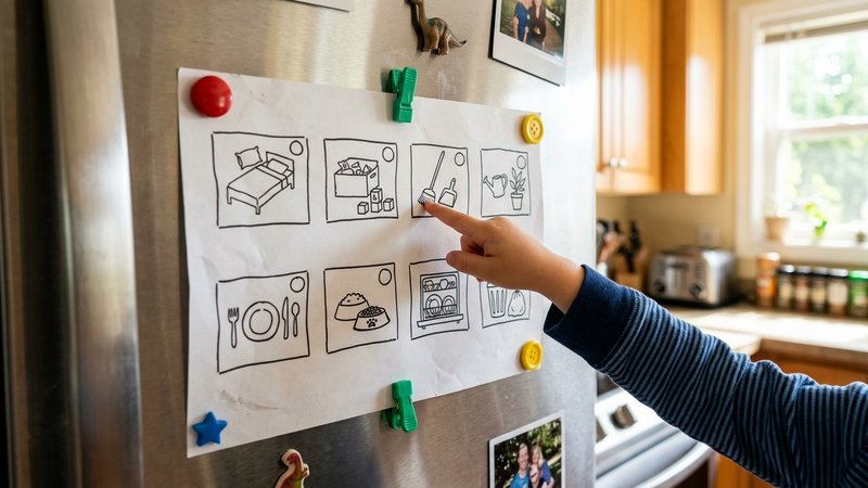Una hoja de papel colgada con imanes en la puerta de una nevera, con casillas y pequeños dibujos de tareas del hogar, y