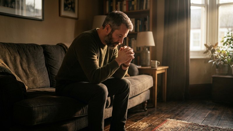Un hombre adulto sentado solo en el borde del sofá de un salón en penumbra suave, con los codos en las rodillas y las ma