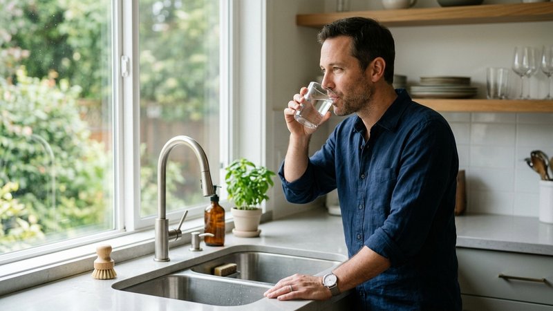 Un hombre bebiendo un vaso de agua junto al fregadero de la cocina, con los hombros ya relajados y la mirada tranquila,