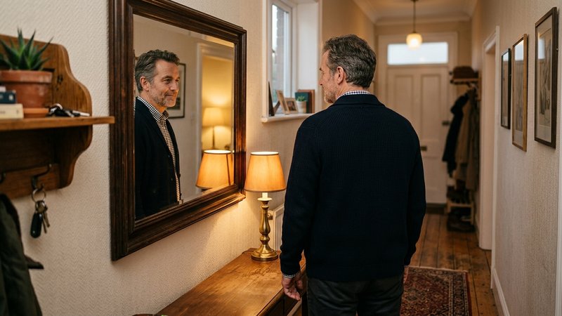Un hombre de espaldas frente a un espejo del recibidor, observando su propio reflejo con expresión de reconocimiento tra
