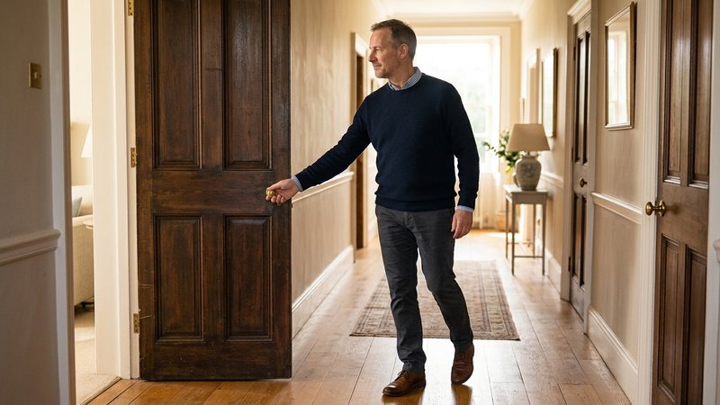 Un hombre de mediana edad saliendo con calma de una habitación y cerrando la puerta tras de sí, con el rostro sereno, en