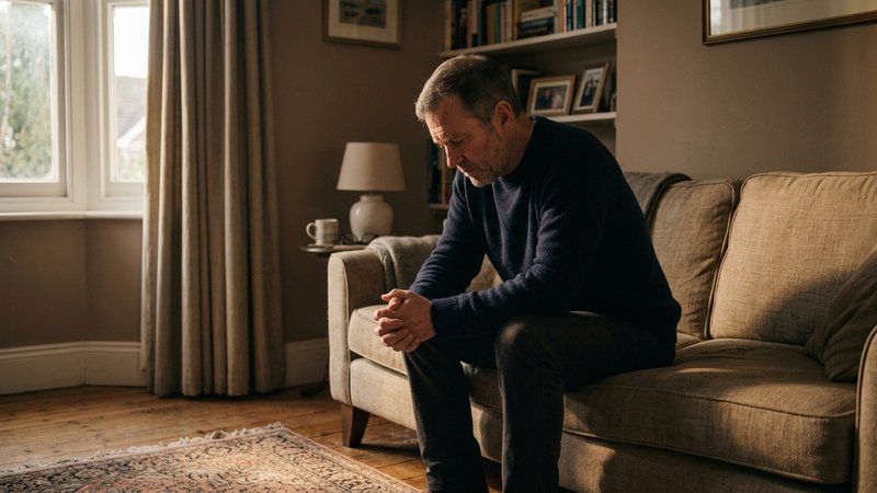 Un hombre de mediana edad sentado solo en el borde del sofá del salón, con los codos en las rodillas y las manos entrela