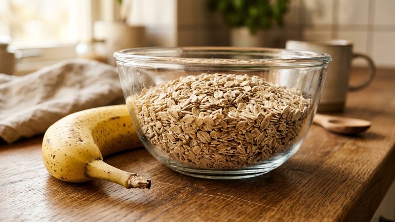 Un primer plano de copos de avena integral en un cuenco de vidrio junto a un plátano maduro sobre la encimera de la coci