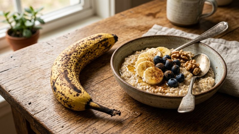 Un plátano muy maduro con la piel llena de manchas oscuras junto a un cuenco de avena sobre una mesa de madera