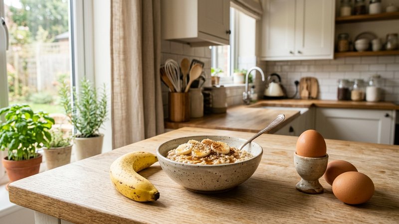 Una cocina de hogar luminosa con avena, huevo y plátano dispuestos ordenadamente sobre una encimera de madera clara