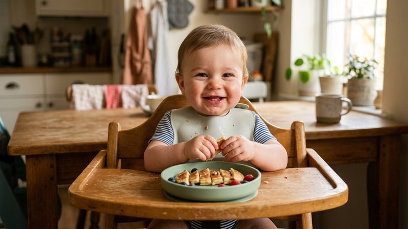Un bebé sentado en su trona sonriente frente a un plato con hot cakes pequeños cortados en tiras