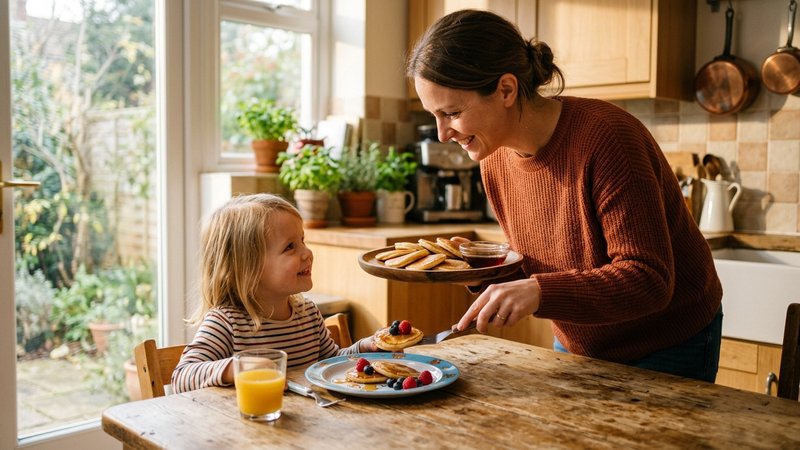 Una madre sirviendo hot cakes pequeños en un plato infantil en una cocina cálida por la tarde