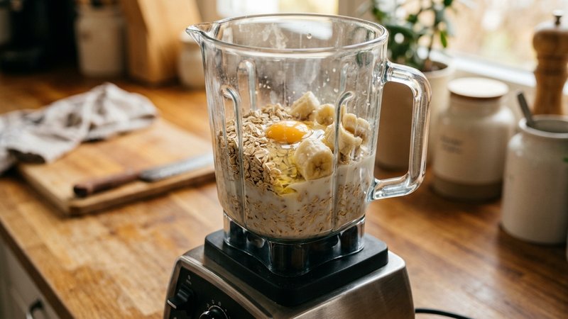 Un primer plano de una licuadora con la mezcla de avena, huevo, leche y plátano lista para batir