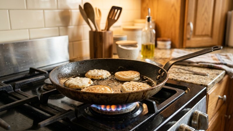 Una sartén antiadherente en la estufa con pequeñas porciones de mezcla de hot cakes cocinándose, luz cálida de cocina