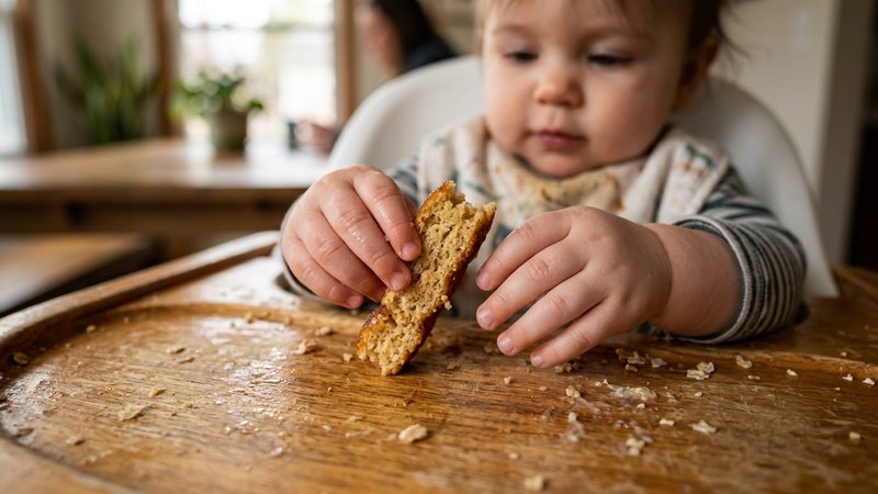 Las manos de un bebé cogiendo con los dedos una tira pequeña de hot cake sobre la bandeja de la trona