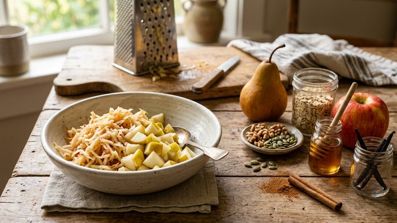 Un cuenco con trozos de manzana rallada y pera madura junto a los ingredientes de la receta sobre la mesa