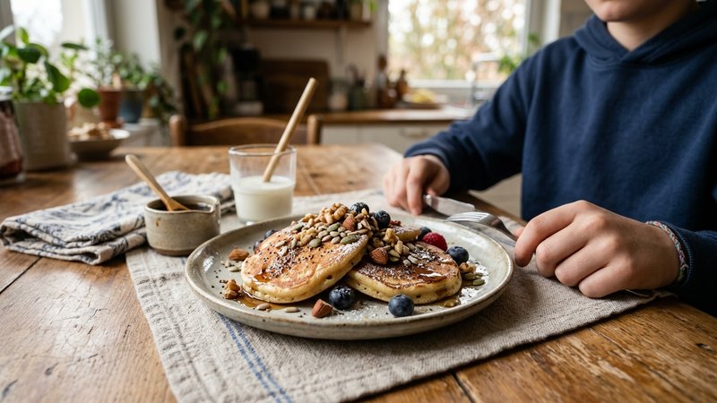 Un plato con hot cakes pequeños decorados con trocitos de nuez y semillas para un niño más grande