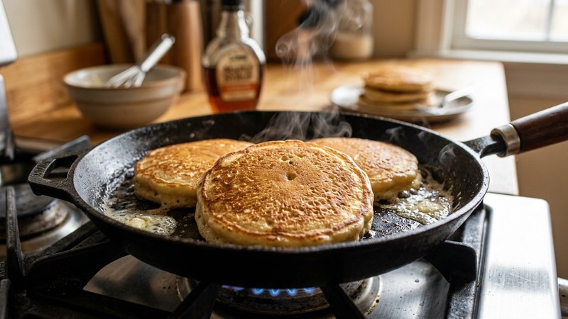 Un primer plano de una sartén con hot cakes dorados en su punto perfecto, vapor suave saliendo de ellos