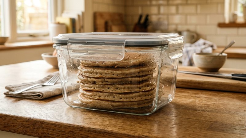 Hot cakes ya fríos guardados en un recipiente hermético de vidrio sobre la encimera de la cocina