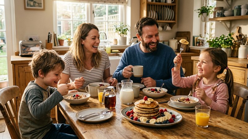 Una familia sentada a la mesa de la cocina desayunando juntos hot cakes de avena y plátano, ambiente cálido y alegre
