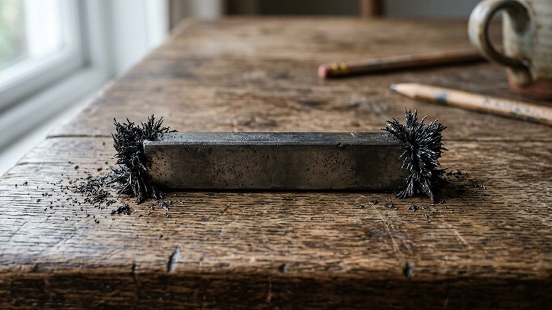 Un imán con dos polos sobre una mesa de madera, atrayendo unas pequeñas piezas metálicas hacia sus dos extremos