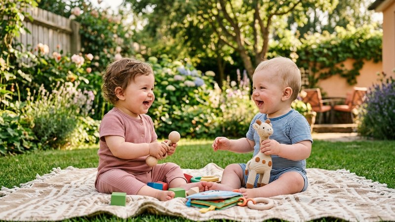Dos bebés jugando juntos y sonrientes sobre una manta en un jardín de casa, ambiente familiar y alegre