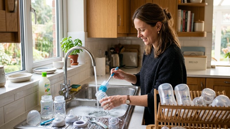 Una madre lavando cuidadosamente biberones y utensilios de bebé en el fregadero de una cocina luminosa
