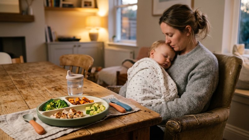 Un platito de comida infantil sin tocar sobre la mesa mientras el bebé descansa tranquilo en brazos de su madre cerca