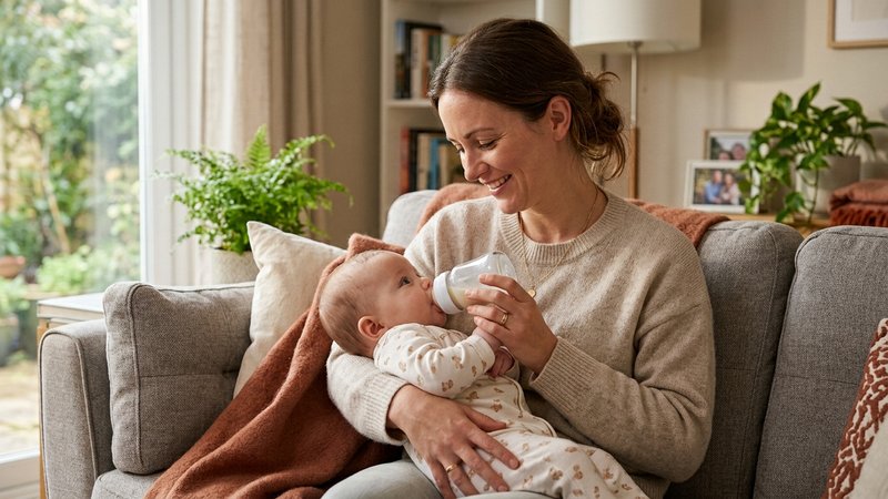 Una madre dando el pecho a su bebé, sentada cómoda en un sofá de una habitación cálida y tranquila