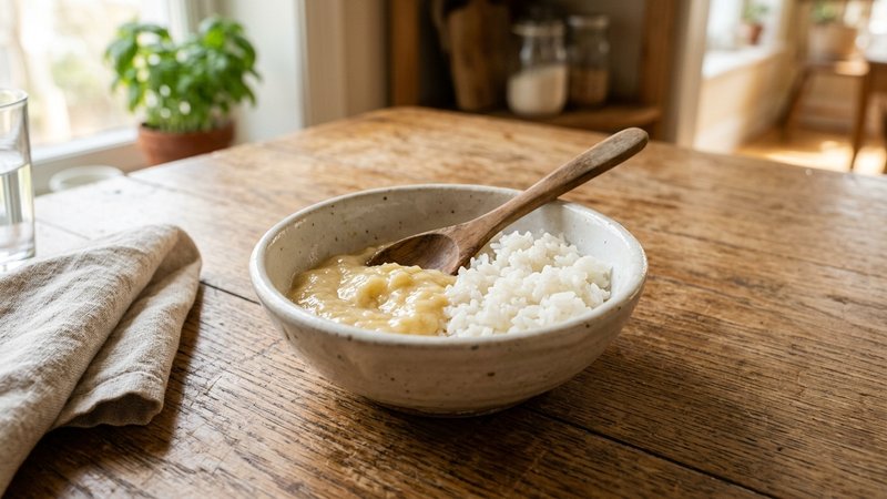 Un cuenco pequeño con puré de plátano y arroz blanco sobre una mesa de madera de cocina, luz natural