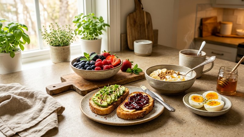 Una encimera de cocina con frutas frescas, pan tostado y alimentos suaves ordenados con cuidado