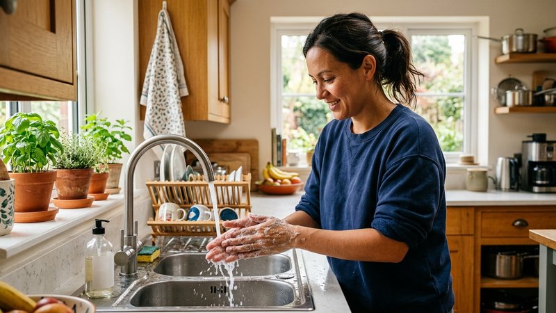 Una madre lavándose bien las manos con agua y jabón en el lavabo de una cocina familiar luminosa