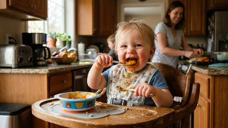Un bebé sonriente comiendo con ganas en su trona, recuperando el apetito, cocina familiar de fondo