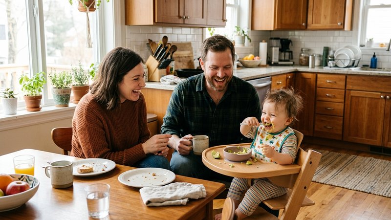 Una familia feliz en la cocina viendo a su bebé comer alegre en la trona, ambiente cálido y luminoso