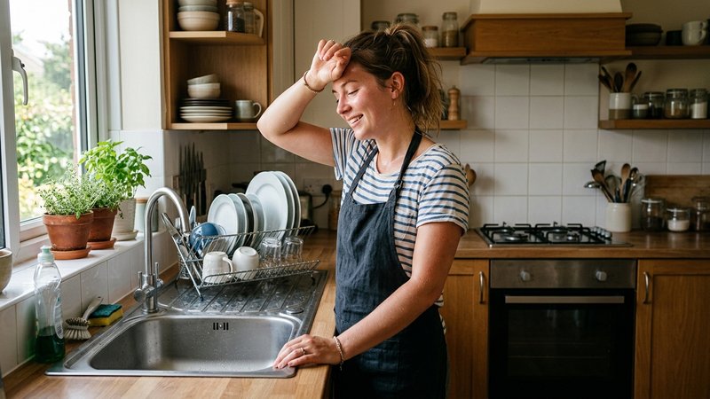 Un joven adulto en la cocina, secándose el sudor de la frente después de fregar y ordenar, con el fregadero limpio y los