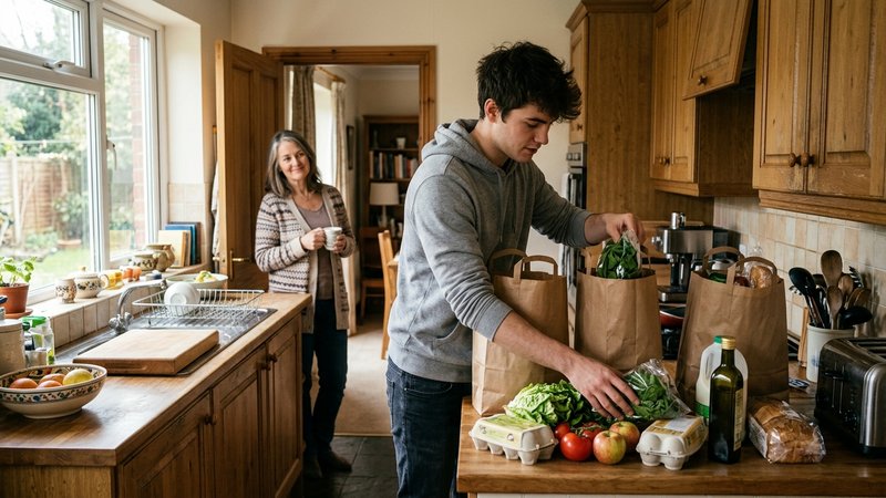 Un joven adulto colocando bolsas de la compra sobre la encimera de la cocina familiar y ordenando los productos, mientra
