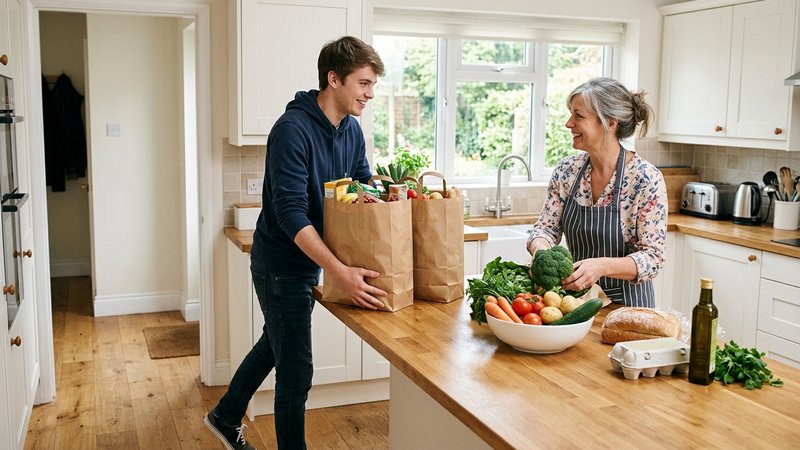 Un joven adulto entrando en casa con dos bolsas de la compra llenas y dejándolas sobre la encimera de la cocina, mientra