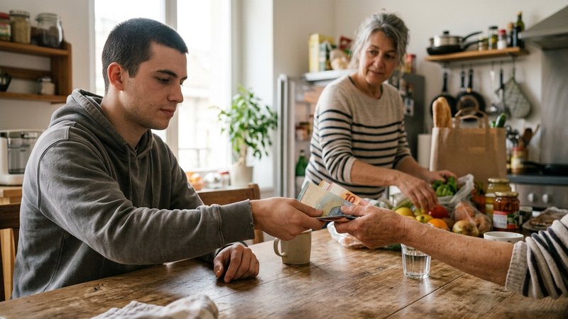 Un joven adulto entregando unos billetes sobre la mesa de la cocina, aportando a los gastos de la casa, mientras su madr