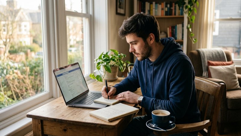 Un joven adulto sentado al escritorio del salón frente a un portátil abierto, revisando ofertas de empleo y tomando nota