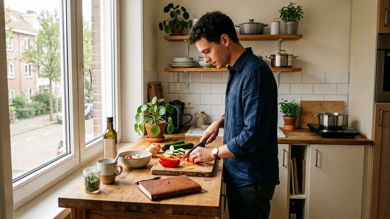 Un joven adulto solo en su propio apartamento pequeño y luminoso, preparándose la comida en una cocina sencilla, concent