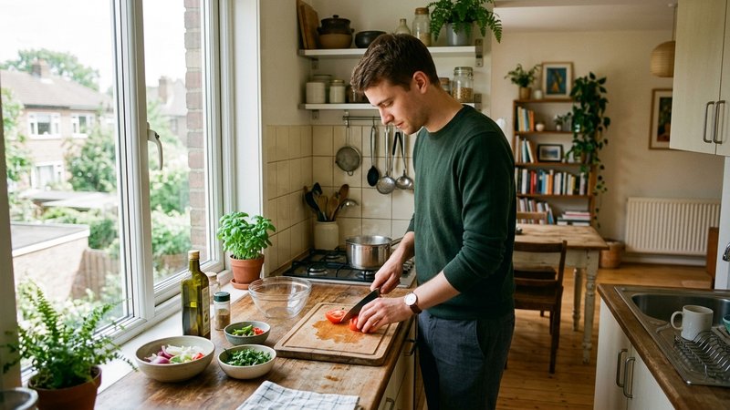 Un joven adulto solo en su propio apartamento pequeño y luminoso, preparándose la comida en una cocina sencilla, concent
