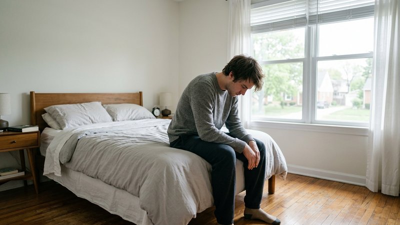 Un joven sentado en el borde de la cama con los hombros hundidos y la mirada baja, en una habitación luminosa de día, co