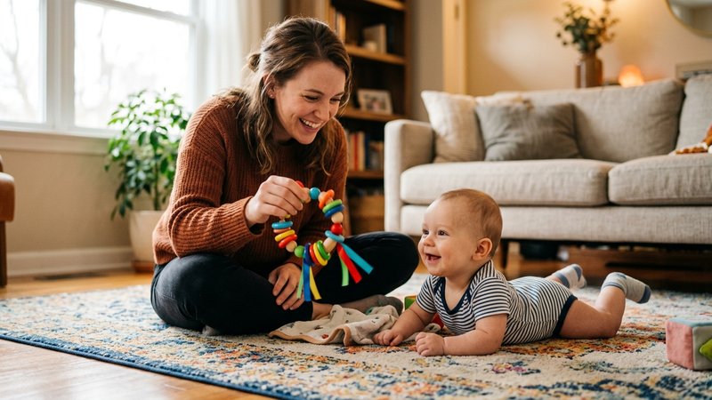 Una madre sonriente mostrando un sonajero de colores a su bebé para animarlo a girar la cabeza, ambos sobre una alfombra