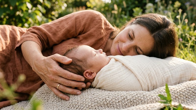 Las manos suaves de una madre sosteniendo con delicadeza la cabecita de su bebé tumbado sobre una manta, en un gesto de