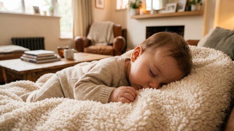 Un bebé apoyando suavemente la cabecita sobre una manta mullida en el salón, con luz cálida de hogar