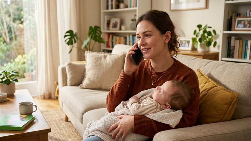 Una madre con su bebé en brazos hablando por teléfono con aire tranquilo en el salón luminoso de casa